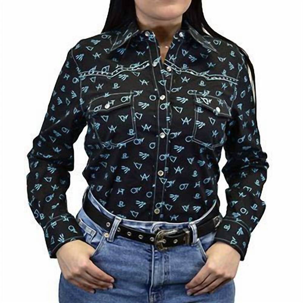 NEW COWBOY HARDWARE women's branding irons print shirt in black